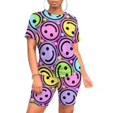 Casual Emoji Sitching Digital Printing Shorts Set