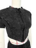 Cotton Washed Distressed Ribbed Zip Top & Flared Pants Set