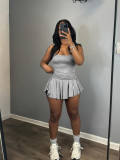 Solid Straps Pile Pleated Flared Skirt Set with Safety Pants