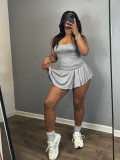 Solid Straps Pile Pleated Flared Skirt Set with Safety Pants