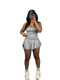 Solid Straps Pile Pleated Flared Skirt Set with Safety Pants
