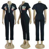 Casual Short Sleeve Lapel Plaid Jumpsuit With Pockets