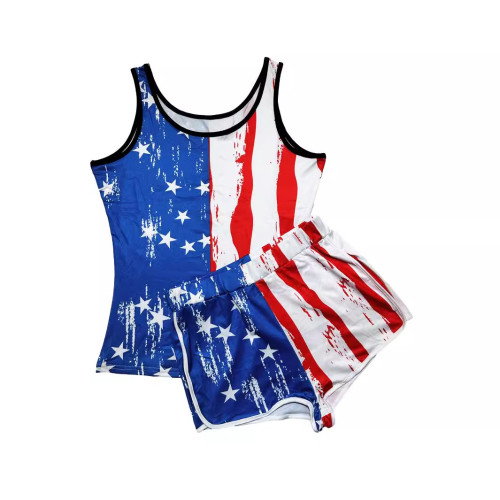 Casual Independence Day Flag Print Vest Shorts Two-Piece Set