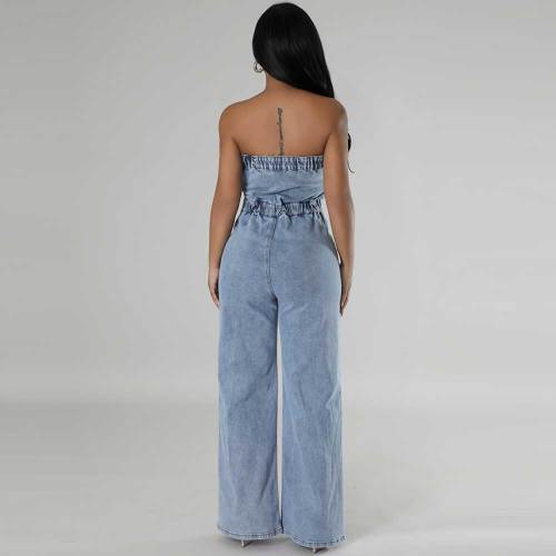 Fashion Tube Top Women's Slim Wide-leg Denim Jumpsuit