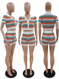 Sexy Knit Contrast Color Short Sleeve Casual Suit 2 PC Short Set