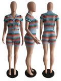 Sexy Knit Contrast Color Short Sleeve Casual Suit 2 PC Short Set