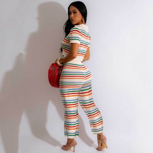 Sexy Knitted Contrast Color Short Sleeve Blouses &  Wide-leg Trousers