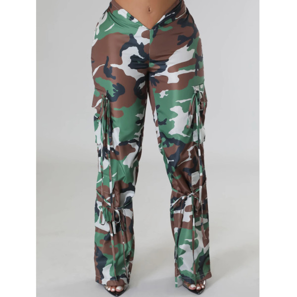 Camouflage Pattern Pleated Strings Pants
