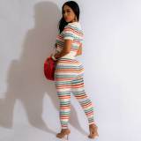 Sexy Knitted Contrast Color Short Sleeve Blouses & Skinny Trousers