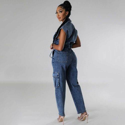 Casual Turndown Collar Sleeveless Pocket Belt Straight Loose Fit Denim Jumpsuits