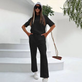 Trendy Embossed Short Sleeve Pants Set with Pocket