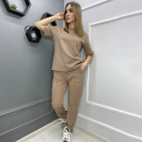 Trendy Embossed Short Sleeve Pants Set with Pocket