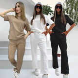 Trendy Embossed Short Sleeve Pants Set with Pocket