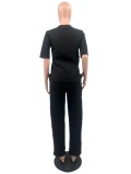 Trendy Embossed Short Sleeve Pants Set with Pocket