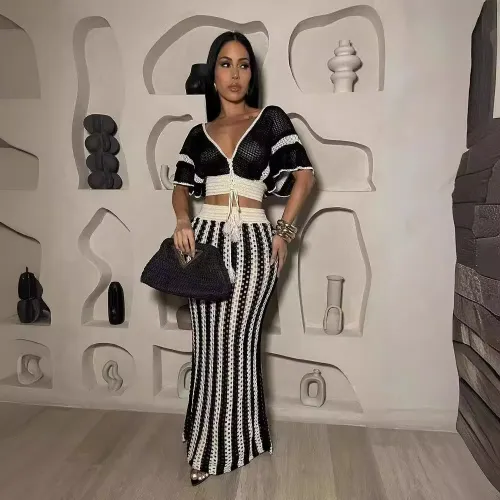 Fashion V-neck Hollow Striped Knit Low Waist Contrast Color Two-piece