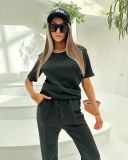 Trendy Embossed Short Sleeve Pants Set with Pocket