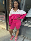 Elastic Waist Contrast Color Long Sleeve Shorts Set