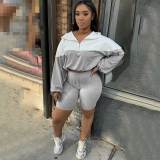 Elastic Waist Contrast Color Long Sleeve Shorts Set
