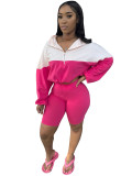 Elastic Waist Contrast Color Long Sleeve Shorts Set