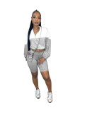 Elastic Waist Contrast Color Long Sleeve Shorts Set