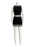 Solid Lapel Button-Down Striped Pleated Skirt Suit