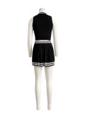 Solid Lapel Button-Down Striped Pleated Skirt Suit