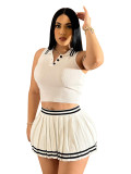 Solid Lapel Button-Down Striped Pleated Skirt Suit