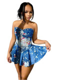 Women Denim Printed Strapless Stretch Ruffle Dresses