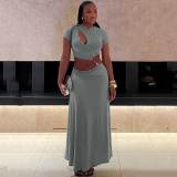 Sexy Pearl Decor O Neck Short Sleeve Hollow Out Crop Top And Maxi Skirt