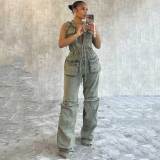 Sleeveless Hooded Single Breasted Denim Jumpsuit