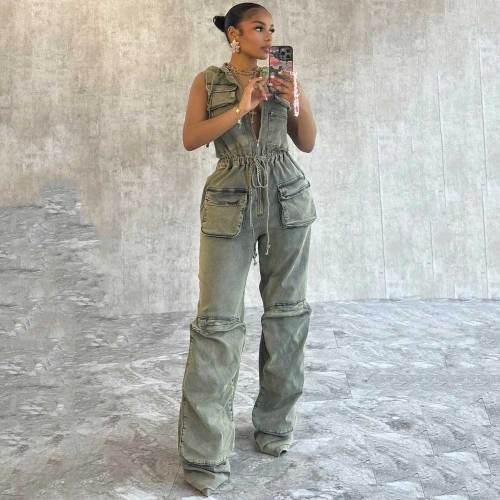 Sleeveless Hooded Single Breasted Denim Jumpsuit
