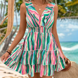 Colorful Striped Sleeveless Dress Ruffled V-neck Pleated Dresses
