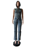 Sleeveless Hooded Single Breasted Denim Jumpsuit