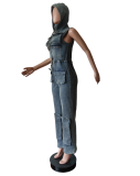 Sleeveless Hooded Single Breasted Denim Jumpsuit