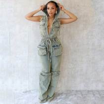 Sleeveless Hooded Single Breasted Denim Jumpsuit