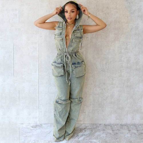 Sleeveless Hooded Single Breasted Denim Jumpsuit