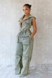 Sleeveless Hooded Single Breasted Denim Jumpsuit