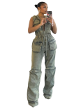 Sleeveless Hooded Single Breasted Denim Jumpsuit