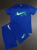 Summer High Quality Cotton Mens Print O Neck Short Sweatshirt Set