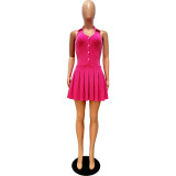 Sexy U-Neck A-Line Sleeveless Buckle Ruched Cinch Waist Halter Pleated Mini Dress