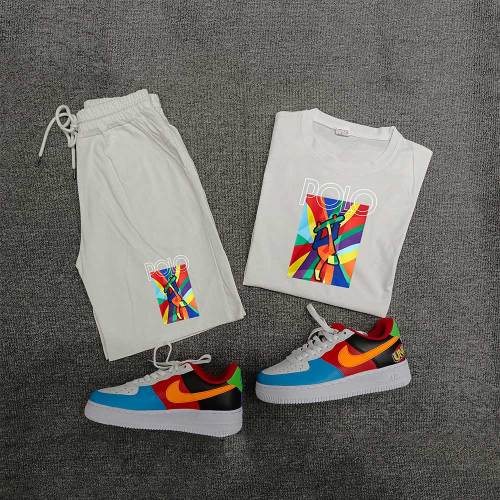 Summer High Quality Cotton Mens Print O Neck Short Sweatshirt Set