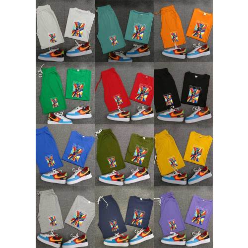 Summer High Quality Cotton Mens Print O Neck Short Sweatshirt Set