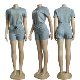 Fashion Bubble Beads + Embossed Elegant Short Sleeve Shorts Set