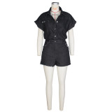 Sexy Short Sleeve Stretch Turndown Neck Denim Rompers