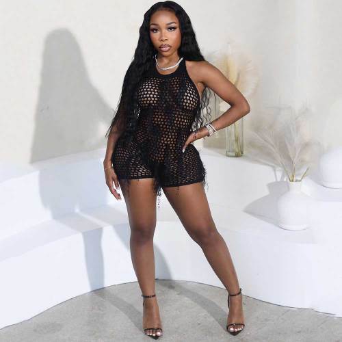 Sexy Hollowed Out Halter Backless One Piece Knit Romper with Tassel