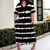 Casual Printed V Neck Plus Size Knee-length Dresses