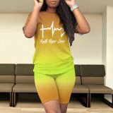 Casual Gradient Letter Print Two Piece Short Set