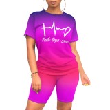 Casual Gradient Letter Print Two Piece Short Set