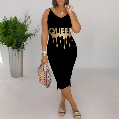 1 Piece Customized Casual Printed V Neck Straps Midi Dresses
