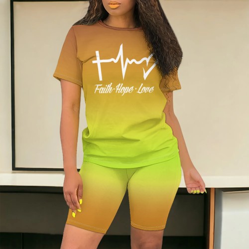 Casual Gradient Letter Print Two Piece Short Set